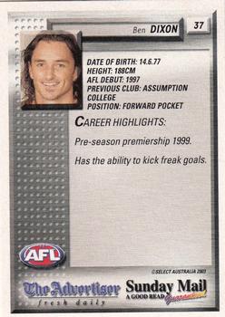 2003 Select The Advertiser-Sunday Mail AFL #37 Ben Dixon Back